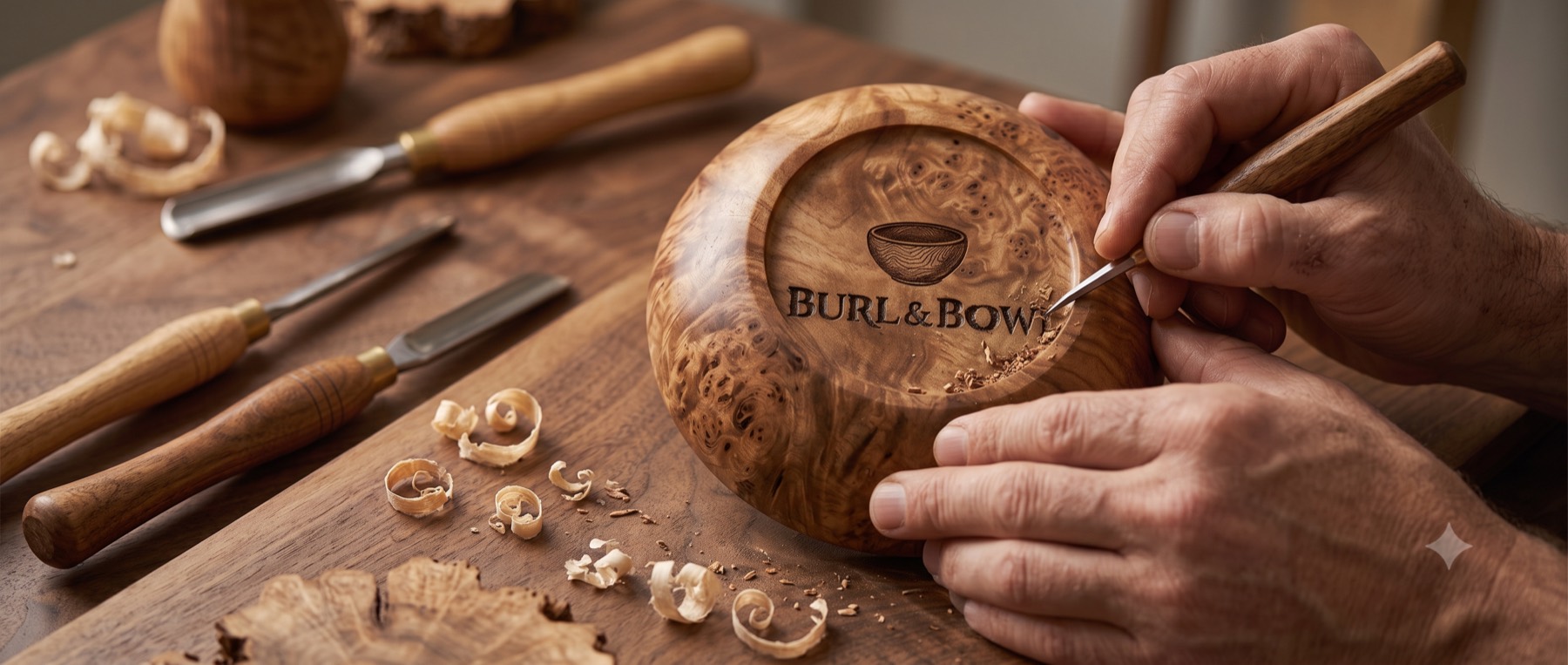 A maple burl bowl being carved by hand at the workbench
